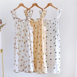 Women's Sleepwear Home Pure Crepe Night Clothing Women Printed Suspender Cotton Nightgowns Breathable Dress Wear Fresh For