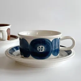 Mugs Retro Brown Coffee Cup And Saucer Set Middle-aged Blue Hand-painted Flower High-quality Latte Ceramic High-value Type