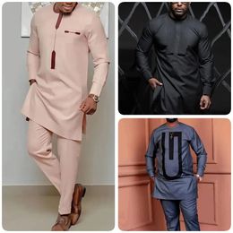 Kaftan Elegant African Mens Set 2 Pieces Outfits Long Sleeve Ethnic Tops and Pants Full Luxury Mens Suit Wedding Men Clothing 240329