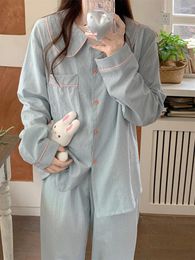 Home Clothing Soft Solid Simple Sweet Stripe Doll Collar Long Sleeve Pyjama Set Women Cute Elegant Casual Comfortable Spring Sleep Tops