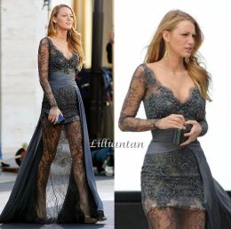 Dresses Beaded Lace Long Sleeve Prom Dresses Deep VNeck Illusion Celebrity Evening Dresses Dark Gray Overskirt Party Gowns Fashion