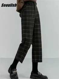 Women's Pants Seoulish 2024 Autumn Winter Woollen Plaid Women Formal Straight High Waist Ankle-Length Chic Loose Ladies Pocket