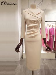 Casual Dresses High-End 2024 Spring Summer Fashion Suit Collar Host Speech Long Sleeve Dress Women Elegant Slim Fit Slit OL Mid-Length
