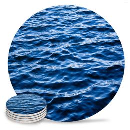 Table Mats Blue Sea Water Wave Landscape Round Coffee Kitchen Accessories Absorbent Ceramic Coasters