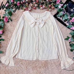 Women's Blouses Kawaii Lolita Shirt For Women 2024 Spring Sweet Woman's Beige Long Sleeve Doll Collar Cotton Buttoned Bow Bottoming Top