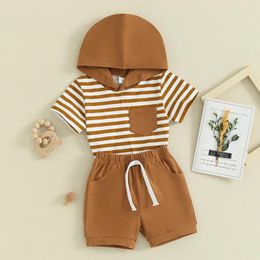 Clothing Sets Infant Toddler Baby Boy Summer Clothes Short Sleeve Striped Hoodie Shirt With Pocket Solid Colour Jogger Shorts Set Casual