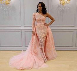 African Blush Pink Overskirts Prom Dresses Long 2018 One Shoulder Mermaid Evening Dress Lace And Tulle Celebrity Cocktail Party Go9595484