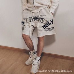 New RR123 co branded fog letter print drawstring loose casual loop distressed washed five point shorts for men and women