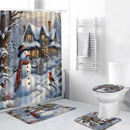 Shower Curtains 4pcs Christmas Set With Rugs Funny Snowman Red Bird Winter Forest House Scenery Year Bathroom Decor Bath Mat