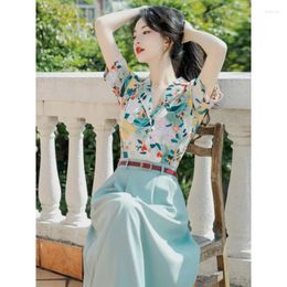 Work Dresses Hong Kong Style Set Skirt Of Female 2024 Summer Fashion Western Suit Collar Shirt Short Sleeve Fresh Green