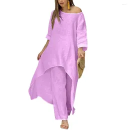 Women's Two Piece Pants Pieces Women Cotton Linen Dress Sets Spring Casual Loose Blouse Irregular Long Shirts Wide Leg Pant Elegant Outfit