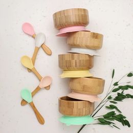 Baby Feeding Bowl Food Tableware Kids Wooden Training Plate Silicone Suction Cup Removable Wooden Fork Spoon Childrens Dishes 240321