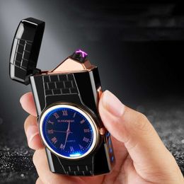 Metal Windproof Blue Dial Pulse Dual Arc USB Rechargeable Lighter Portable LED Power Display Cigarette Accessories Men's Gadgets