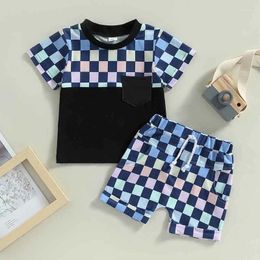 Clothing Sets Toddler Baby Boy Summer Outfits Checkerboard Print Short Sleeve T Shirt Elastic Shorts Cute Infant Born Clothes