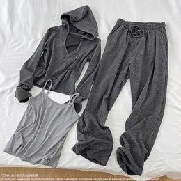 Women's Two Piece Pants Leisure Sports Outfit Fashion Three-piece Set V-neck Hoodie Camisole Vest Wide Leg Sweat Spring Autumn Suit