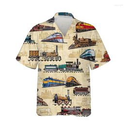 Men's Casual Shirts Mini Train Summer Hawaiian Clothing Short Sleeve Top Loose Holiday Seaside Social Lapel 3D Print Shirt 2024 Vintage