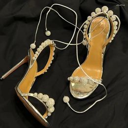 Dress Shoes Silver Ball Rhinestone Strap Stiletto Sandals Woman Summer 2024 Lace-Up Open Toe Hollow High Heel For Women Party Banquet