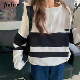 Women's Hoodies Spell Colour Stripe Sweatshirt Women Autumn Street Cool Loose Pullover Zipper Female White Black Grey S-L Size