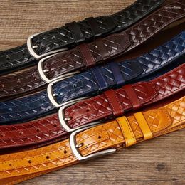 Belts Retro And Trendy Versatile Woven Top Layer Pure Cowhide Belt For Men Genuine Leather Needle Buckle Denim Wome