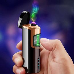 Metal Windproof Portable Laser Induction Dual Arc Pulse USB Rechargeable Lighter Power Display Creative Cigarette Tool for Men