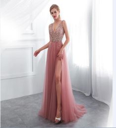 2018 New Cheap coral Long Prom Party Gowns off shoulder deep V Neckline prom dress Tulle Beaded crystal formal Evening Gown In St8979553