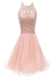 New Blush Short Prom Dresses Halter Lace Appliques Beaded A Line Ruffles Skirt CrissCross Back Homecoming Dress Graduation Prom G5852493