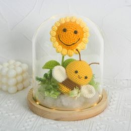 Decorative Flowers Creative Simulation Fake Flower Sunflower Night Light Bee Wool Crochet Hand-Woven Bouquet Finished Holiday Gift Friends