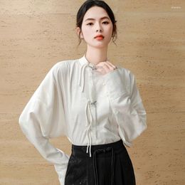 Women's Blouses Oriental Aesthetics Women Refinement Qipao Shirt Glossy Silk Dark Floral Pattern Jacquard Tops Upper Garment Han-style