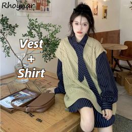 Work Dresses Sets Women Spring Fall Korean Style Vintage Knitted Sweater Vest Tender Elegant Striped Loose Shirts Tops Preppy Teen Girls BF