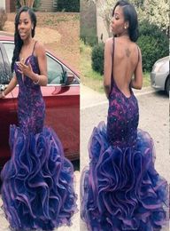 2016 Mermaid Long Prom Gowns Sexy Spaghetti Deep V Neck Backless Beads Ruffles Tiered Organza Floor Length African Evening Party D9262406