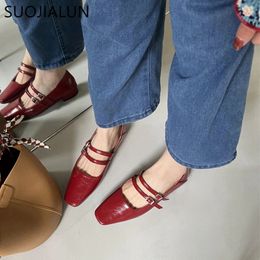 SUOJIALUN Spring Women Flat Shoes Fashion Red Ladies Elegant Mary Jane Shoes Flat Heel Casual Dress Outdoor Ballerinas 240326