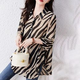 Women's Blouses Striped Print Blouse Button Up Long Sleeve Shirt Women Fashion 2024 Shirts Sunscreen Loose Polo Neck R68