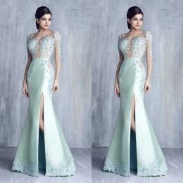 Dresses Tony Chaaya 2017 Split Evening Dresses Long Sleeve Cheap Beads Mermaid Prom Gowns Lace Applique Sheer Neck Party Dress