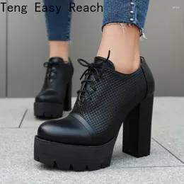Dress Shoes Spring And Autumn Women's Square Head Thick Heel Casual Fashion Punk Platform Lace-up High Heels Black