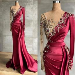 DHL Fantastic Gold Embroidery Beads Appliqued Evening Dresses Vintage Dark Red Sheer Long Sleeve Pleats Prom Party Gowns Vestidos 2762571