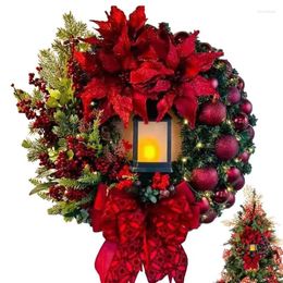 Decorative Flowers Christmas Wreath With Lantern Front Door Garland Large Bow Realistic Decors Ornamental For Wall Fireplace