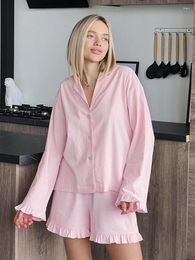 Home Clothing Hiloc Pink Loose Women's Clothes 2 Piece Sets Ruffle Long Sleeve Sleepwear Female Casual Suits With Shorts Autumn Pyjamas