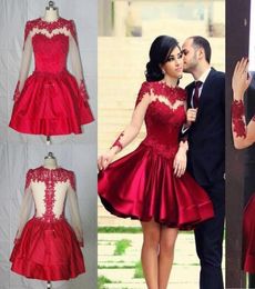Real Po Burgundy Formal Homecoming Dresses Lace Applique Crew Neck Tulle Long Sleeves Satin ALine Knee Length Cocktail Party G4962367