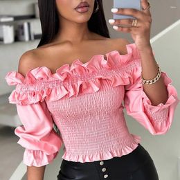 Women's Sweaters 2024 Spring Summer Clothing Solid Colour Sweet Off-Shoulder Wooden Ear Puff Sleeve Top