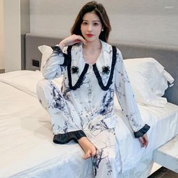 Home Clothing Jxgarb Design Women's Big Collar Casual Pyjamas Sets Floral Printed Ladies Nightwear Ice-silk Female Clothes