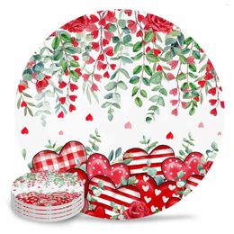 Table Mats Valentine'S Day Red Heart Leaves Rose Ceramic Set Coffee Tea Cup Coasters Kitchen Accessories Round Placemat