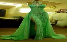 Sparkling Mint Green Lace Evening Dress Front Split Crystals Rhinestones Mermaid Prom Dresses High Neck Halter Sexy Formal Dress3890389