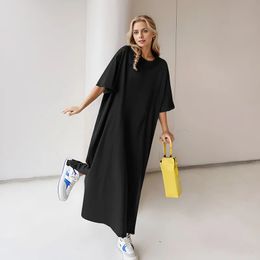 Summer Long T Shirt Solid Colour Dresses Women Streetwear Crew Neck Casual Loose Top Fashion Short Sleeve Basic Robe Vestidos 240326