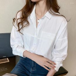 Women's Blouses White BF Loose Style Women Cotton Shirt Clothing 2024 Spring Long Sleeve Ladies Tops Work Wear With Pockets