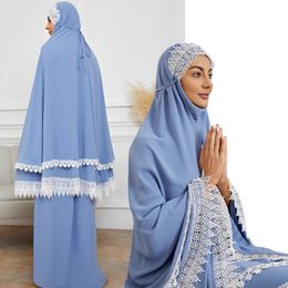 Classic Hot Model Muslim Lace Abaya Long Khimar Skirt 2 Piece Set Arab Prayer Eid Swing Hijab Dress Robe Islamic Gown Free Size