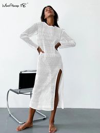 Casual Dresses Mesh Perspective Vacation White Dress Boho Summer 2024 O-Neck Split Long Sleeve Causal Beach Style Midi