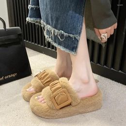 Slippers 2024 Spring Autumn Fashion Solid Colour Women's Indoor Cotton Open Toe Buckle Plush Comfortable Flat Shoes For Women