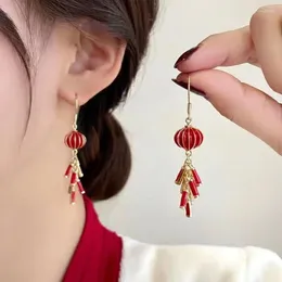 Dangle Earrings Chinese Style Red Colour Lantern Firecracker Tassel For Women Girls Fashion Delicate Long Metal Ear Hook Gifts