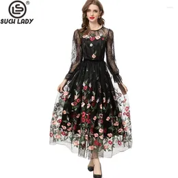 Casual Dresses Women's Runway O Neck Long Sleeves Embroidery Layered Elegant Designer Sexy Tulle Laid Over Mesh Party Vestidos