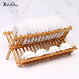 Kitchen Storage Bamboo Foldable Dishes Drain Rack Bowls Tray Plates Drying Shelf Cups Display Stand Drainer Holder Organizer